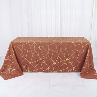 Terracotta (Rust) Seamless Rectangle Polyester Tablecloth With Gold Foil Geometric Pattern
