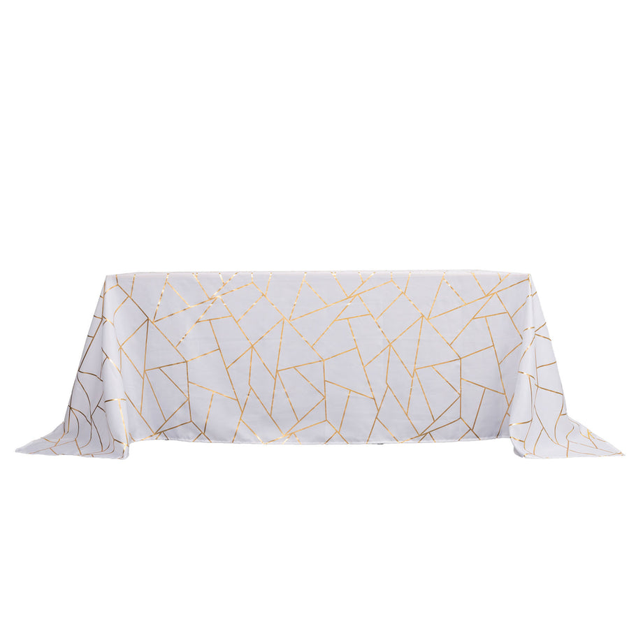 90inch x 132inch White Rectangle Polyester Tablecloth With Gold Foil Geometric Pattern
