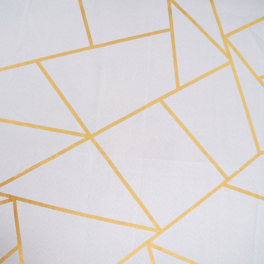 90inch x 132inch White Rectangle Polyester Tablecloth With Gold Foil Geometric Pattern#whtbkgd