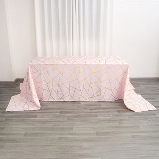 Blush Polyester Tablecloth with Gold Foil Geometric Pattern