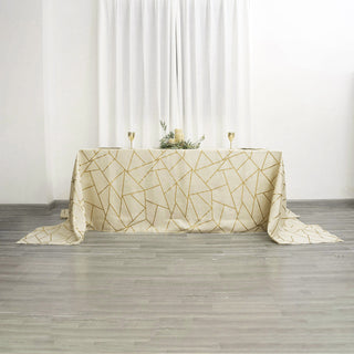 Beige Seamless Rectangle Polyester Tablecloth With Gold Foil Geometric Pattern