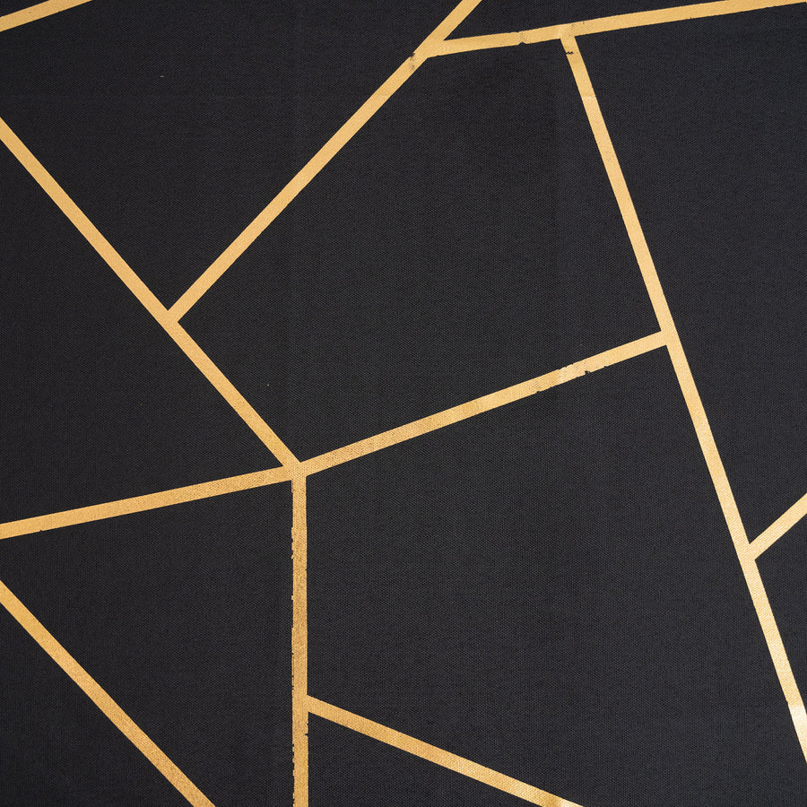 90inch x 156inch Black Rectangle Polyester Tablecloth With Gold Foil Geometric Pattern#whtbkgd