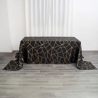 Black Seamless Rectangle Polyester Tablecloth With Gold Foil Geometric Pattern