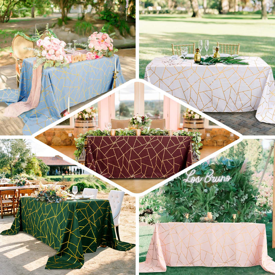 90inch x 156inch Burgundy Rectangle Polyester Tablecloth With Gold Foil Geometric Pattern