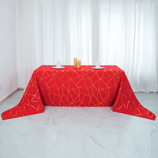 Elegant Red Polyester Tablecloth with Gold Foil Geometric Pattern