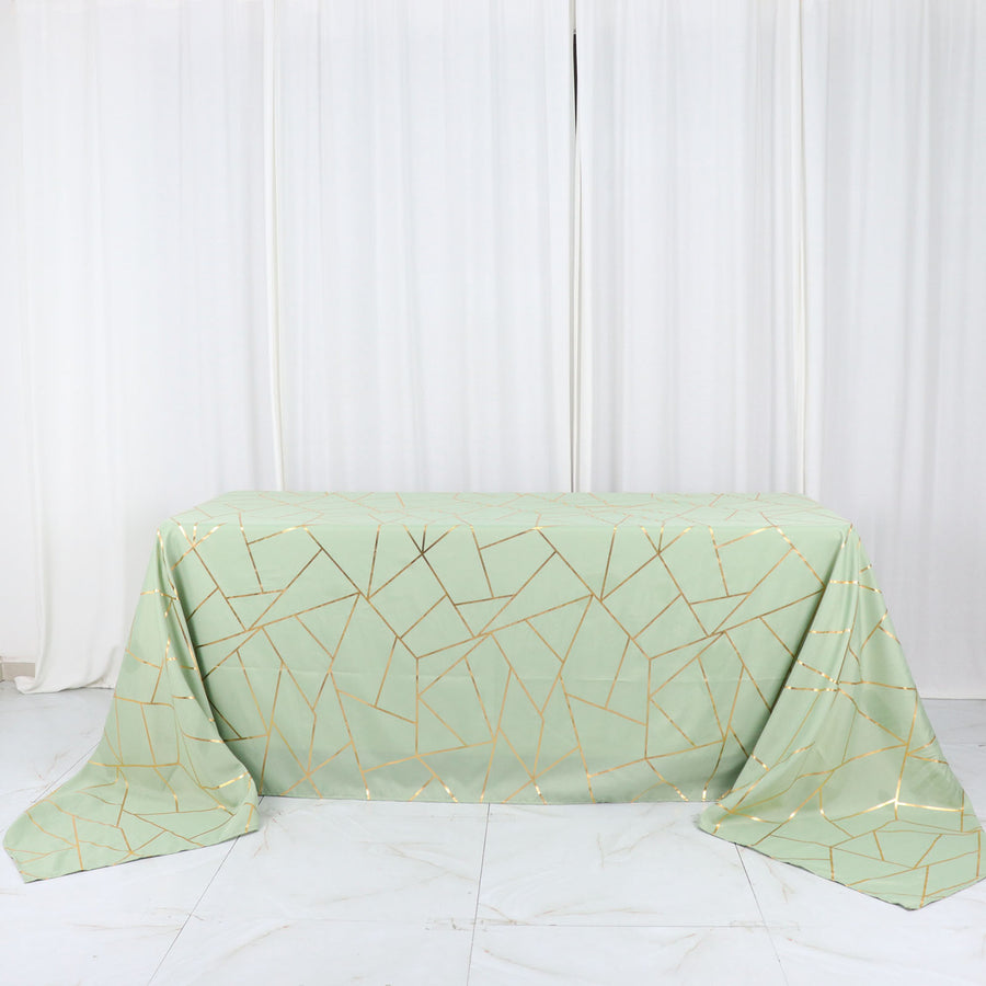 90x156inch Sage Green Rectangle Polyester Tablecloth With Gold Foil Geometric Pattern