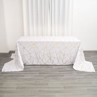 Elegant White Seamless Rectangle Polyester Tablecloth With Gold Foil Geometric Pattern