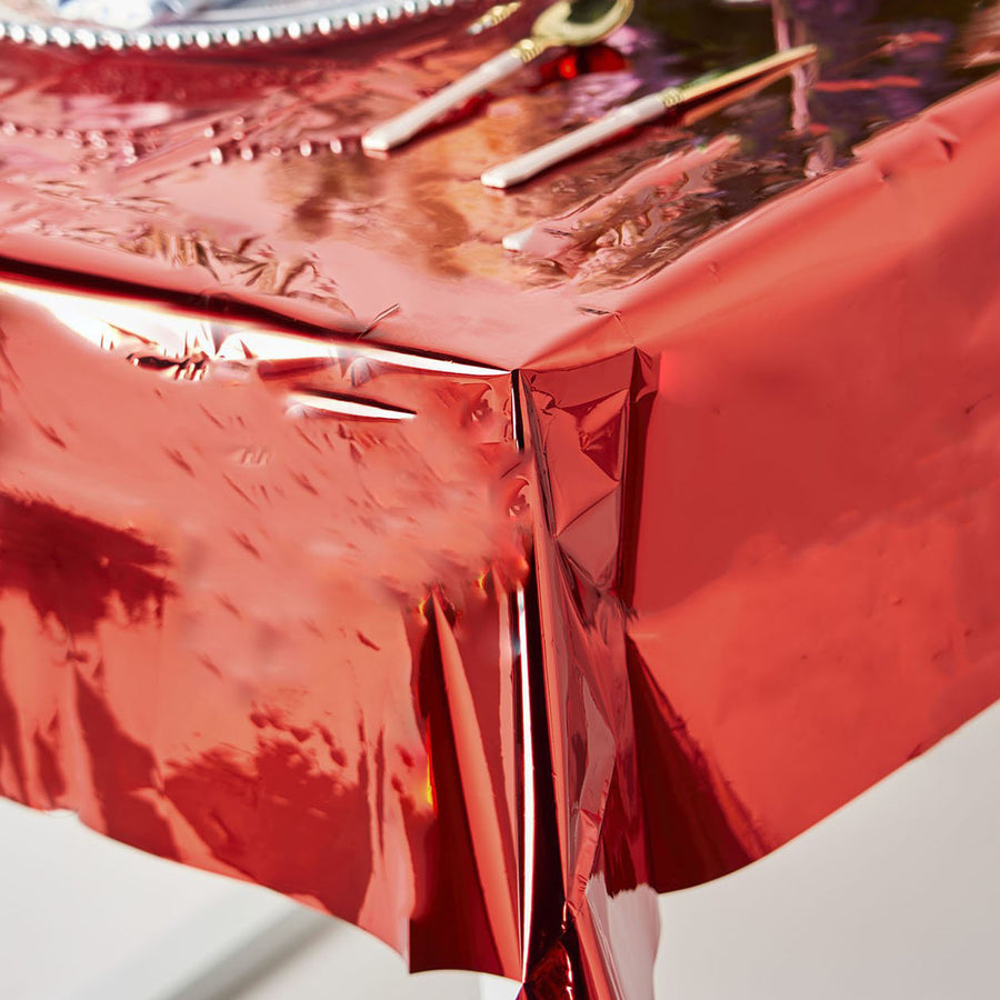 Red Metallic Foil Square Tablecloth, Disposable Table Cover#whtbkgd