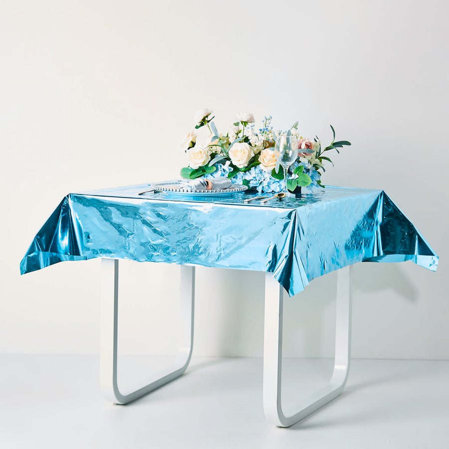 50 inch x 50 inch Turquoise Metallic Foil Square Tablecloth, Disposable Table Cover