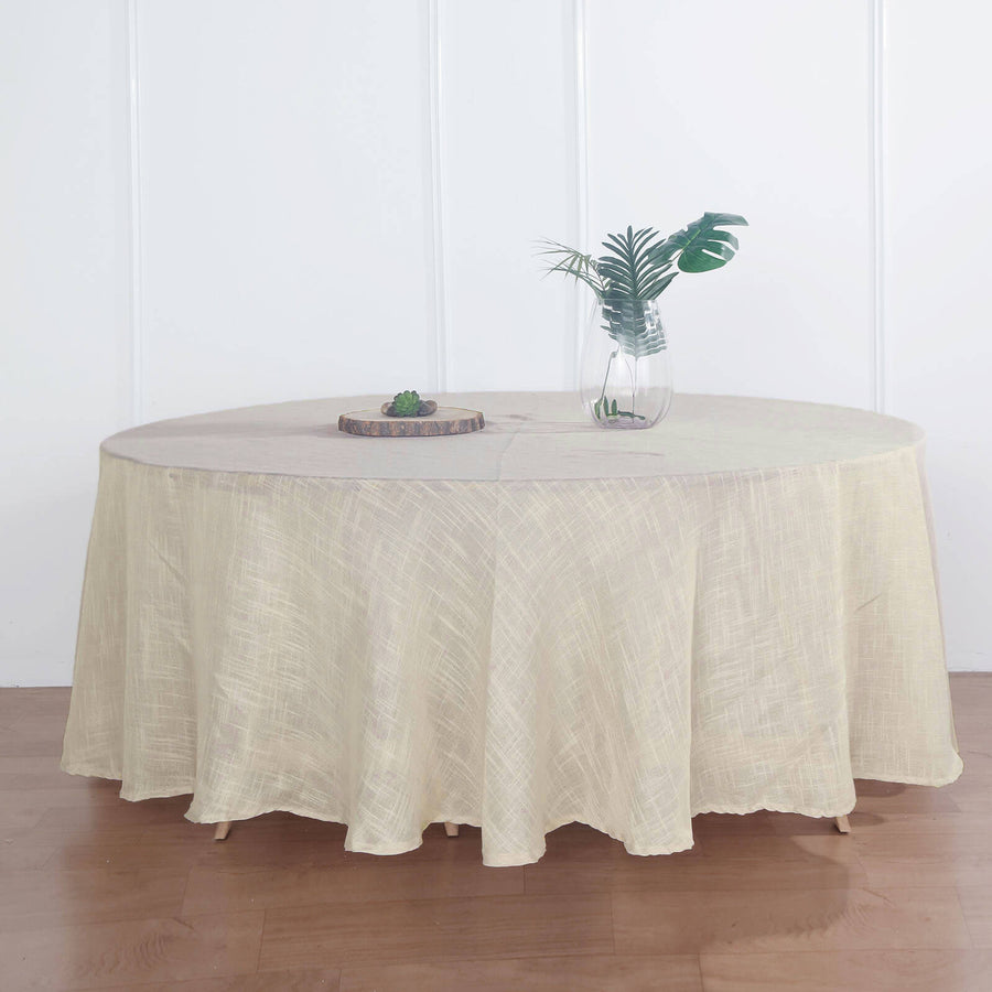 108" Beige Linen Round Tablecloth | Slubby Textured Wrinkle Resistant Tablecloth