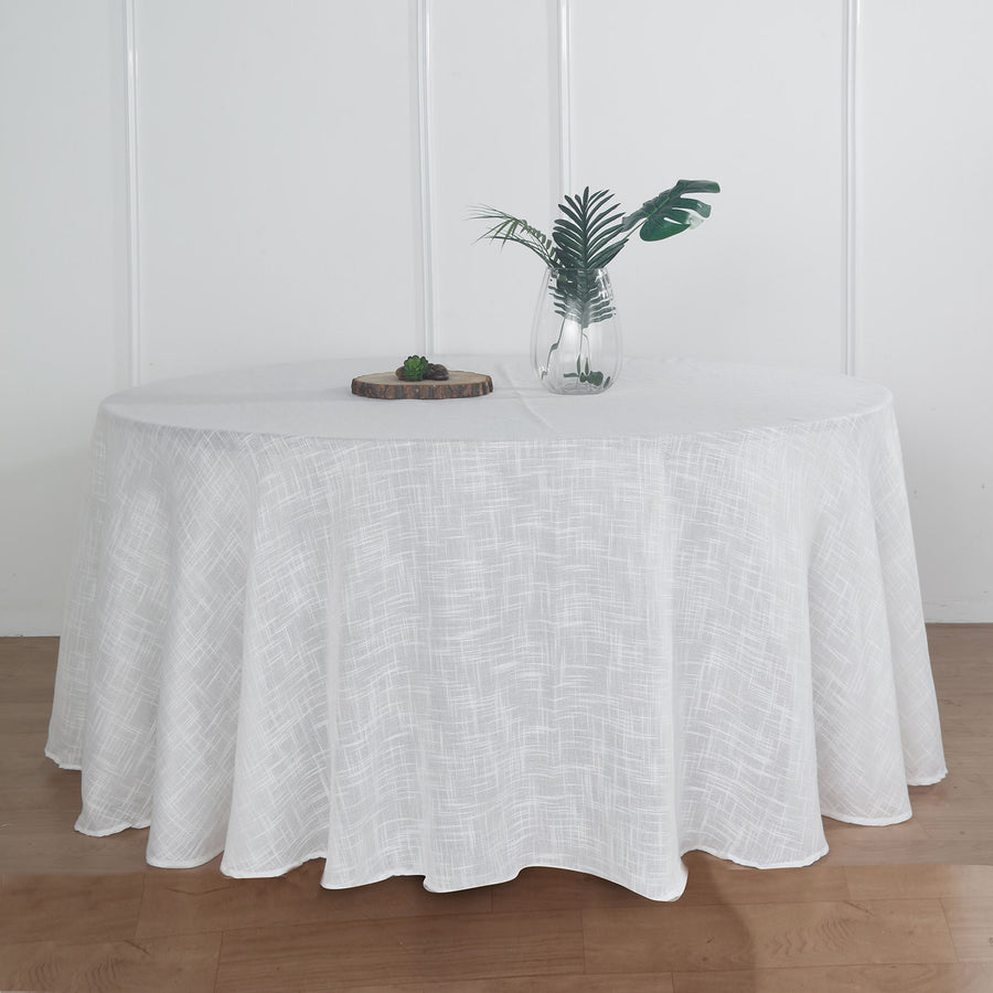 120" White Linen Round Tablecloth | Slubby Textured Wrinkle Resistant Tablecloth