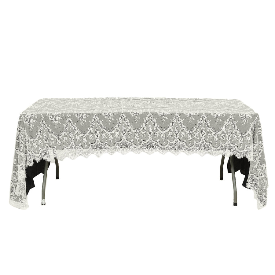 60"x120" Ivory Premium Lace Fabric Rectangle Tablecloth, Vintage Classic Rustic Decor With Scalloped Frill Edges