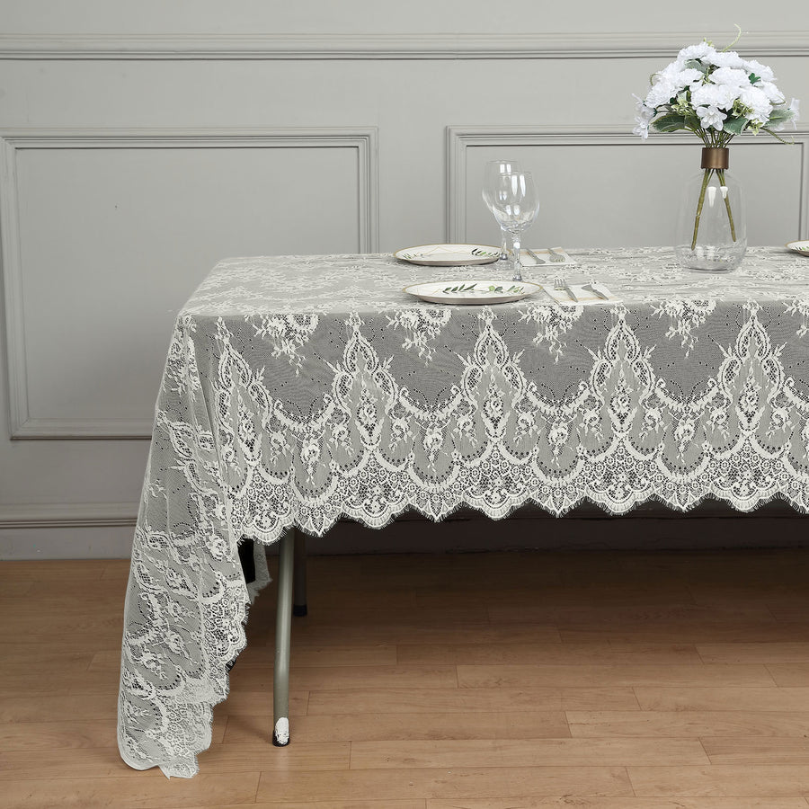 60"x120" Ivory Premium Lace Fabric Rectangle Tablecloth, Vintage Classic Rustic Decor With Scalloped Frill Edges