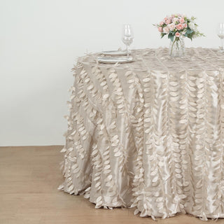 Beige 120" 3D Leaf Petal Taffeta Fabric Seamless Round Tablecloth