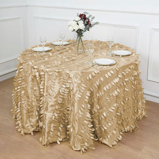 Elegant Champagne 3D Leaf Petal Taffeta Fabric Seamless Round Tablecloth