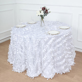 Elegant White 3D Leaf Petal Taffeta Fabric Seamless Round Tablecloth