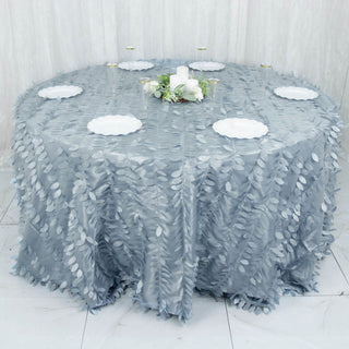 Create a Serene and Elegant Table Setting with the Dusty Blue 3D Leaf Petal Taffeta Fabric Seamless Round Tablecloth