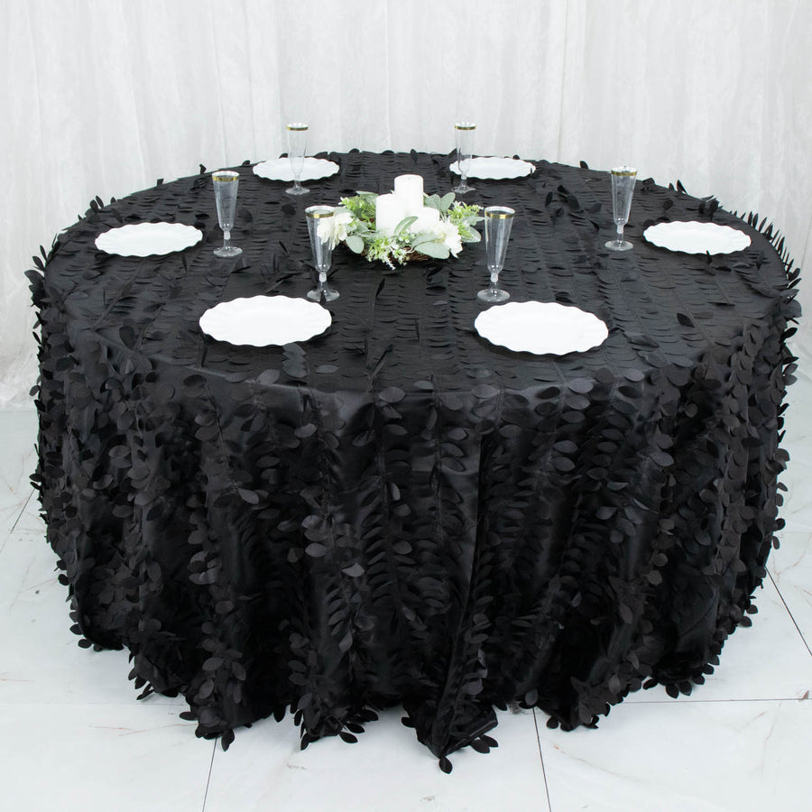 132inch Black 3D Leaf Petal Taffeta Fabric Round Tablecloth
