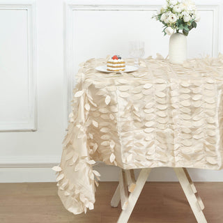Beige 54" 3D Leaf Petal Taffeta Tablecloth for Natural Elegance
