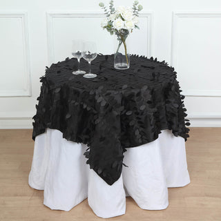 Add Elegance to Any Occasion: 54" Black 3D Leaf Petal Taffeta Fabric Table Overlay