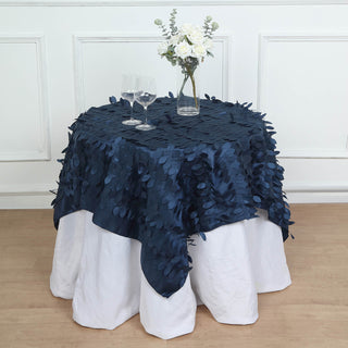 Impress Your Guests with the Navy Blue 3D Leaf Petal Taffeta Fabric Seamless Square Table Overlay