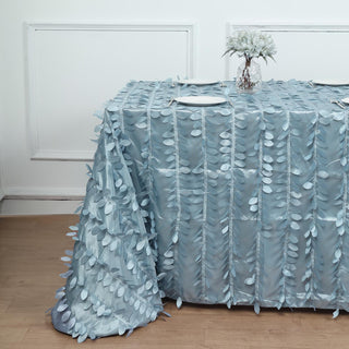 Elegant Dusty Blue 3D Leaf Petal Taffeta Fabric Seamless Rectangle Tablecloth