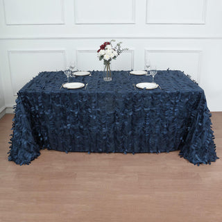 Navy Blue 3D Leaf Petal Taffeta Fabric Seamless Rectangle Tablecloth