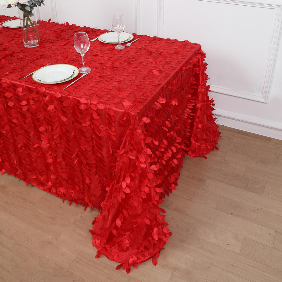 90x132inch Red 3D Leaf Petal Taffeta Fabric Rectangle Tablecloth