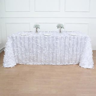 Elegant White 90x132 Tablecloth with 3D Leaf Petal Design