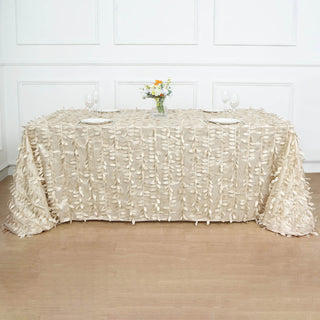 Beige 90"x156" 3D Leaf Petal Taffeta Fabric Rectangle Tablecloth