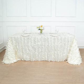 Elegant Ivory 3D Leaf Petal Taffeta Fabric Rectangle Tablecloth