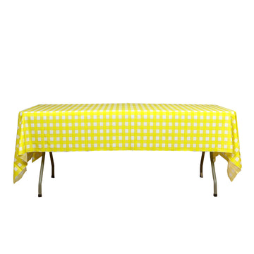 White Yellow Checkered Rectangle Plastic Table Cover, 54"x108" PVC Waterproof Disposable Tablecloth