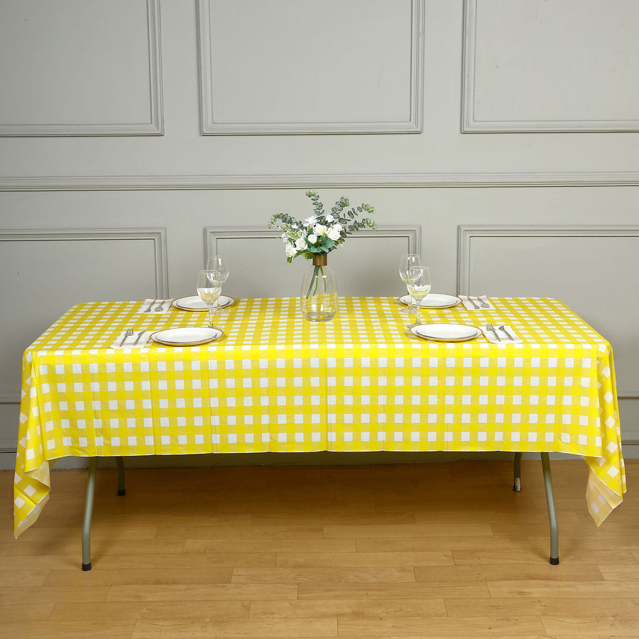 Buffalo Plaid Tablecloth | 54" x 108" White/Yellow Rectangular | Disposable Checkered Plastic Vinyl 