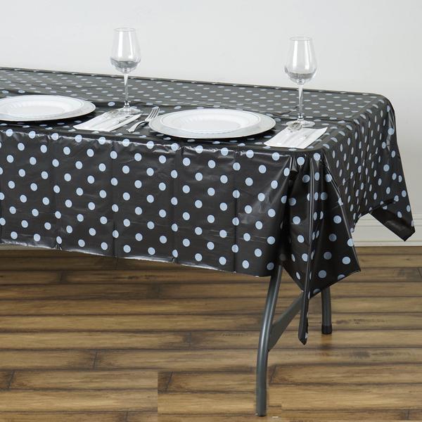 54" x 108" Black | White Perky Polka Dots Disposable Plastic Rectangular Table Cover