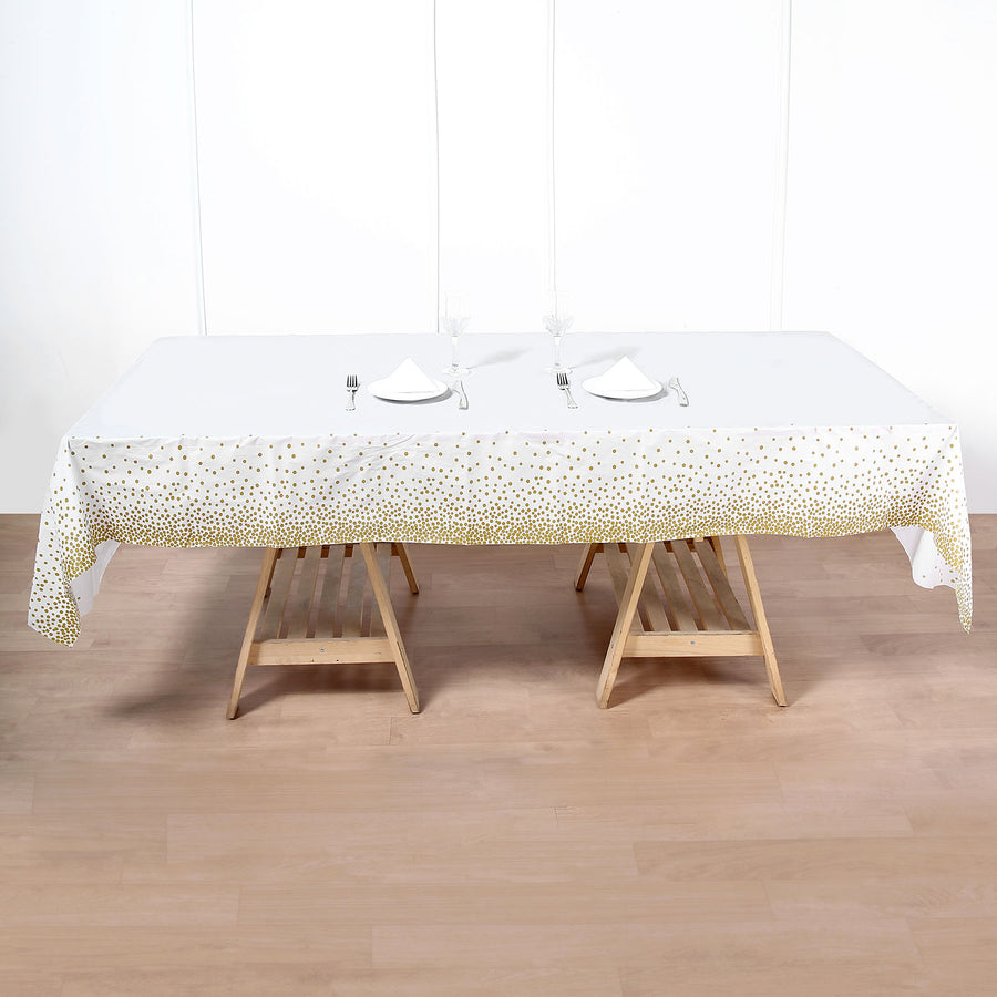 Confetti Dots Waterproof Tablecloth, PVC Rectangle Disposable Tablecloth - White/Gold