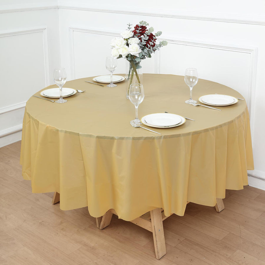 5 Pack Gold Round Waterproof Plastic Tablecloths, 84inch Disposable Table Covers