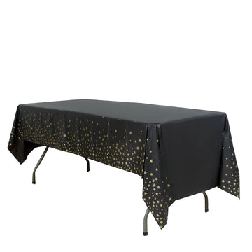 54"x108" Black Gold Stars Sprinkled Plastic Tablecloth, Waterproof Rectangle Disposable Table Cover