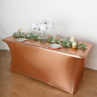 Add Elegance to Your Event with the 6ft Metallic Blush Rectangular Stretch Spandex Table Cover