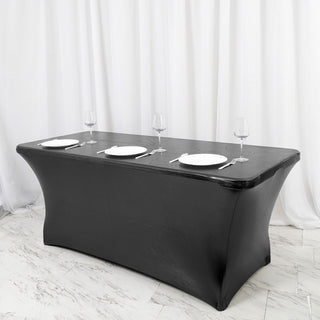 Add a Touch of Elegance with the 6ft Metallic Black Rectangular Stretch Spandex Table Cover