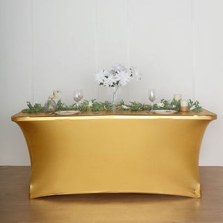 Transform Your Event with the 6ft Metallic Gold Rectangular Stretch Spandex Table Cover