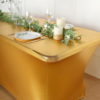Create a Magical Atmosphere with the 6ft Metallic Gold Rectangular Stretch Spandex Table Cover