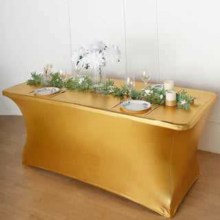 Add a Touch of Elegance with the 6ft Metallic Gold Rectangular Stretch Spandex Table Cover