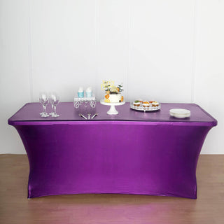 Add a Touch of Elegance with the 6ft Metallic Purple Rectangular Stretch Spandex Table Cover