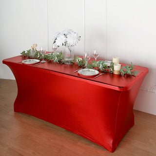 Add a Touch of Elegance with the 6ft Metallic Red Rectangular Stretch Spandex Table Cover