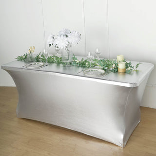 Add a Touch of Elegance with the 6ft Metallic Silver Rectangular Stretch Spandex Table Cover