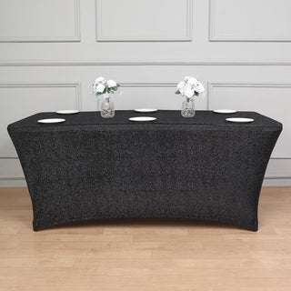 Add Glamour to Your Event with the 6ft Black Metallic Shimmer Tinsel Spandex Table Cover