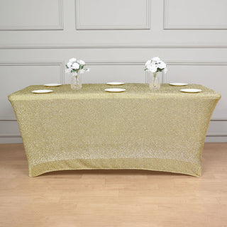Add Glamour to Your Event with the Champagne Metallic Shimmer Tinsel Spandex Table Cover