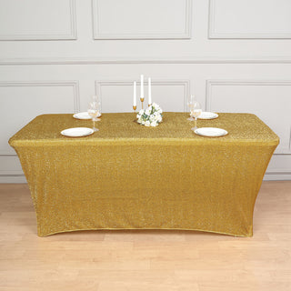 Add Glamour to Your Event with the 6ft Gold Metallic Shimmer Tinsel Spandex Table Cover