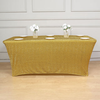 Add Glamour to Your Event with the 6ft Gold Metallic Shimmer Tinsel Spandex Table Cover