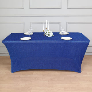 Add a Touch of Glamour with the 6ft Royal Blue Metallic Shimmer Tinsel Spandex Table Cover